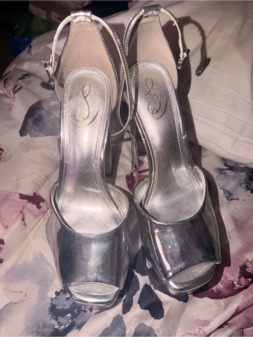 Sam Edelman Silver Metallic Platform Ankle-Strap Heels